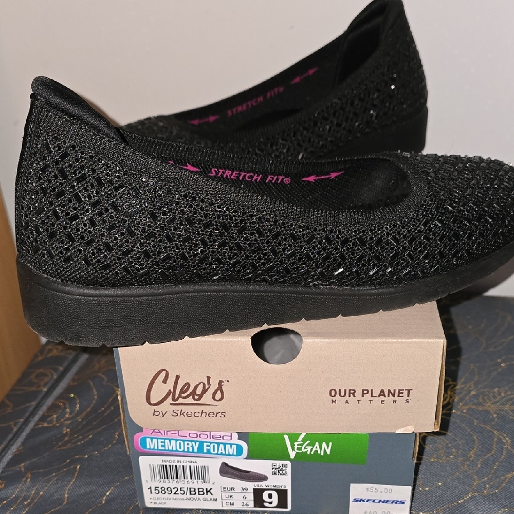 Skechers Cleo's Nova Glam Black Sparkle Knit Slip-On Flats